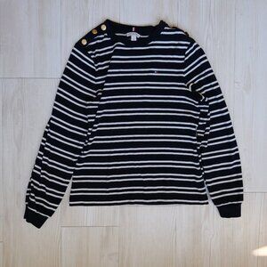 Gold-Button Stripe Crewneck T-Shirt